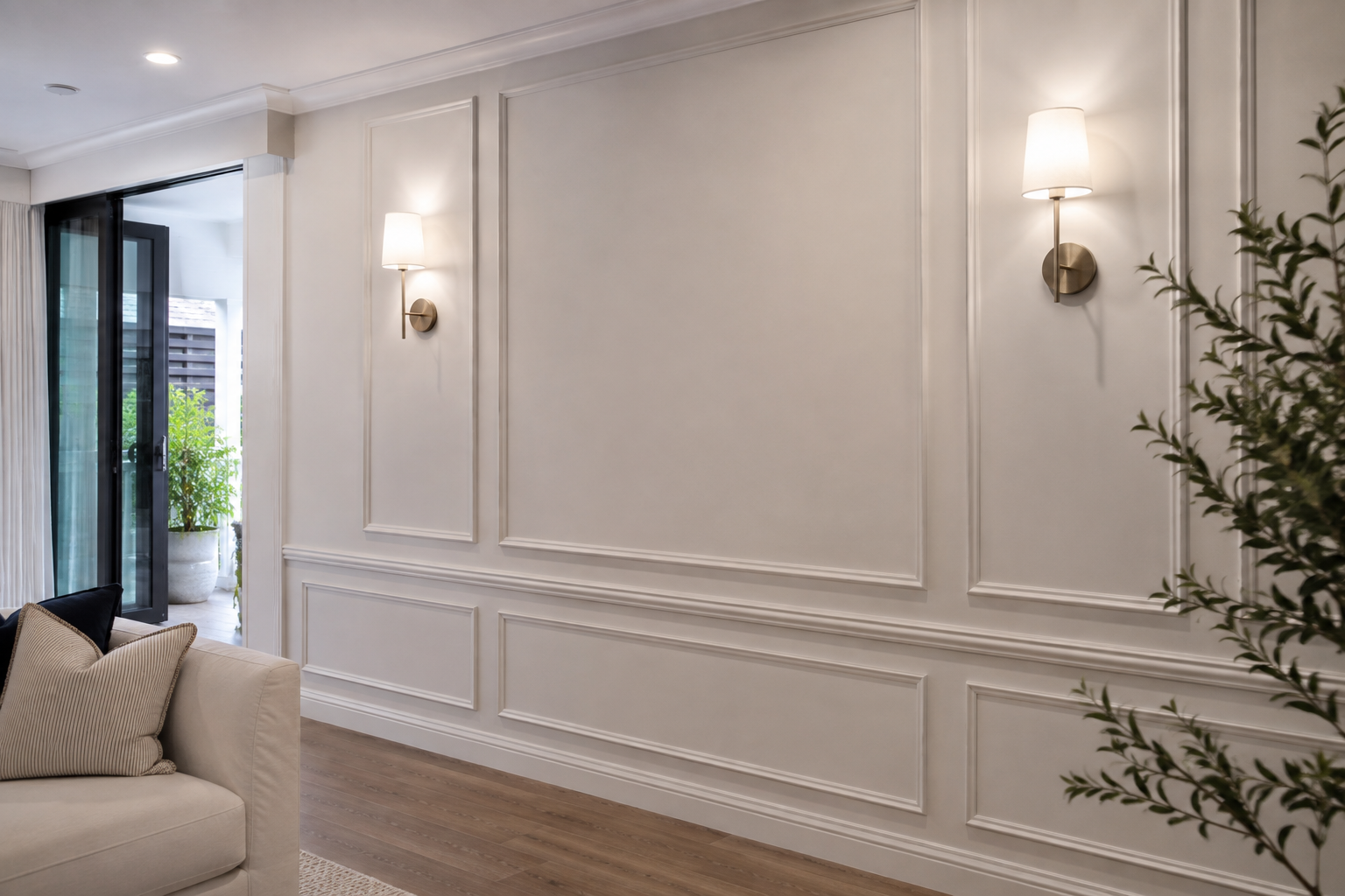 Elegant living room with detailed white wall panelling, wall sconces and decorative moulding