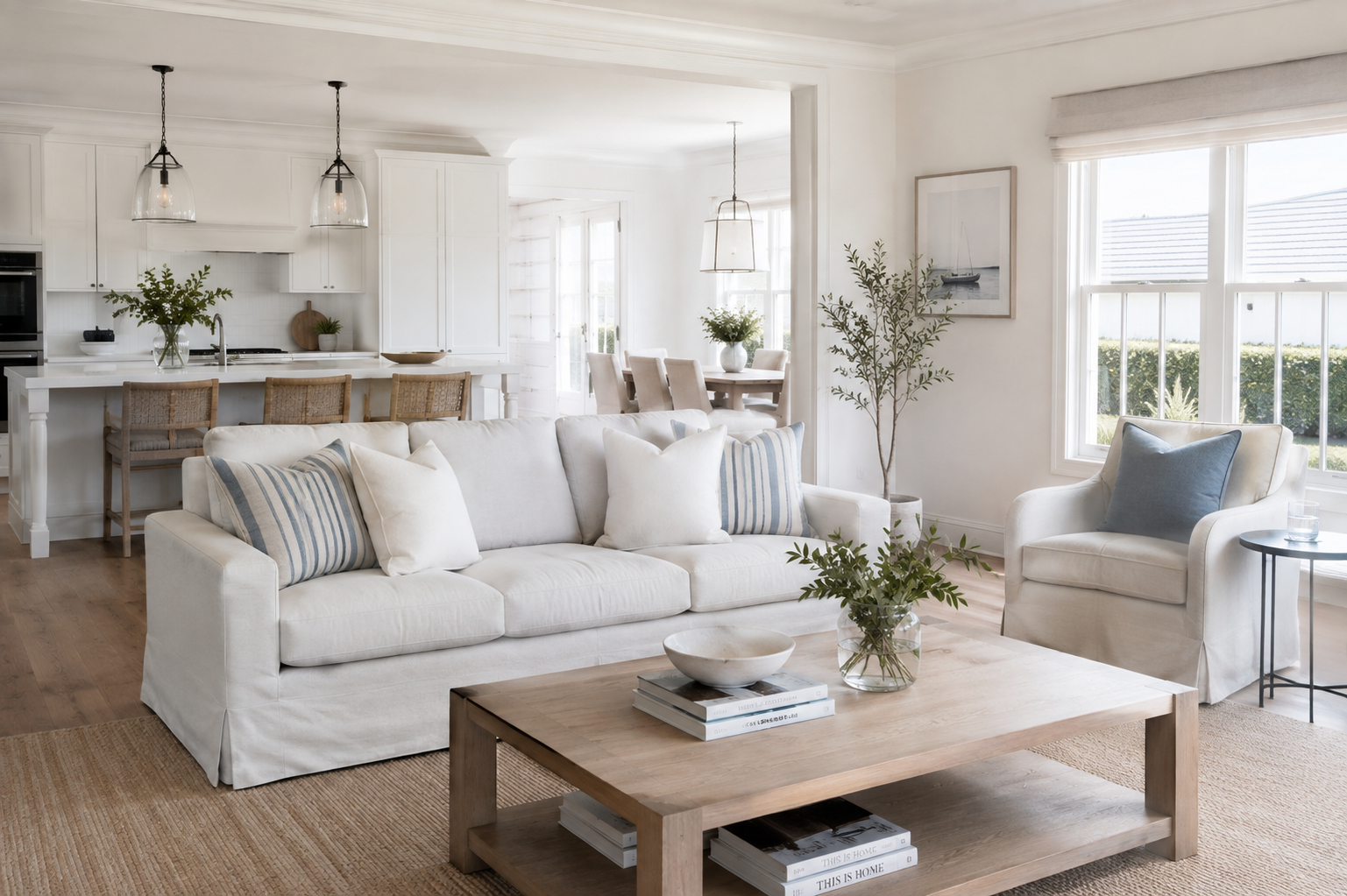 Bright, freshly painted open-plan living and kitchen interior with warm white walls