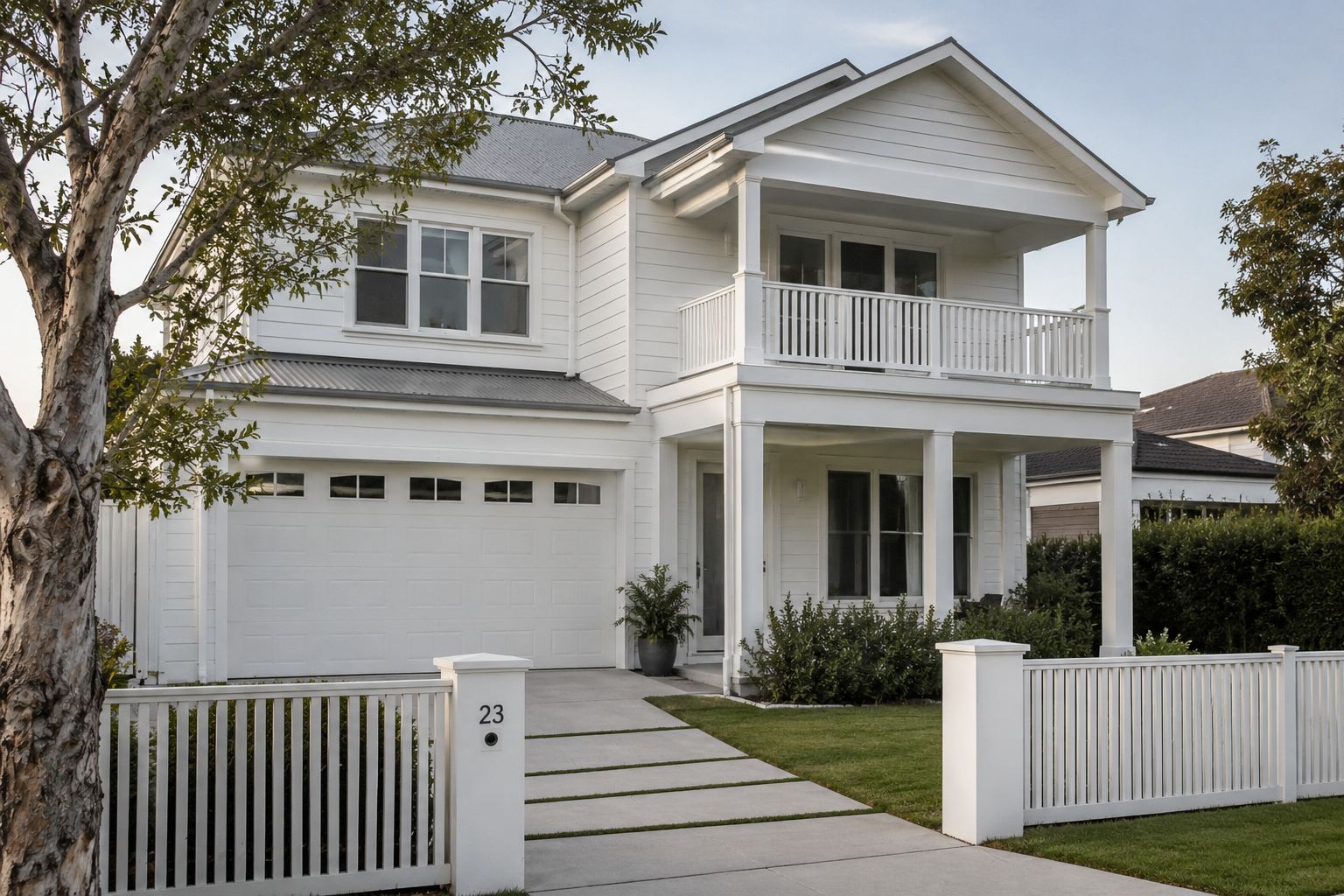 Freshly painted white two-storey Sydney home with clean exterior finish