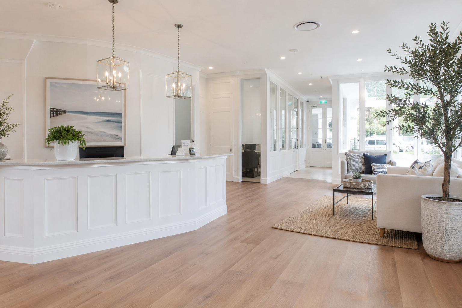 Bright, professionally painted commercial reception and lounge interior with white panelling and warm timber floors