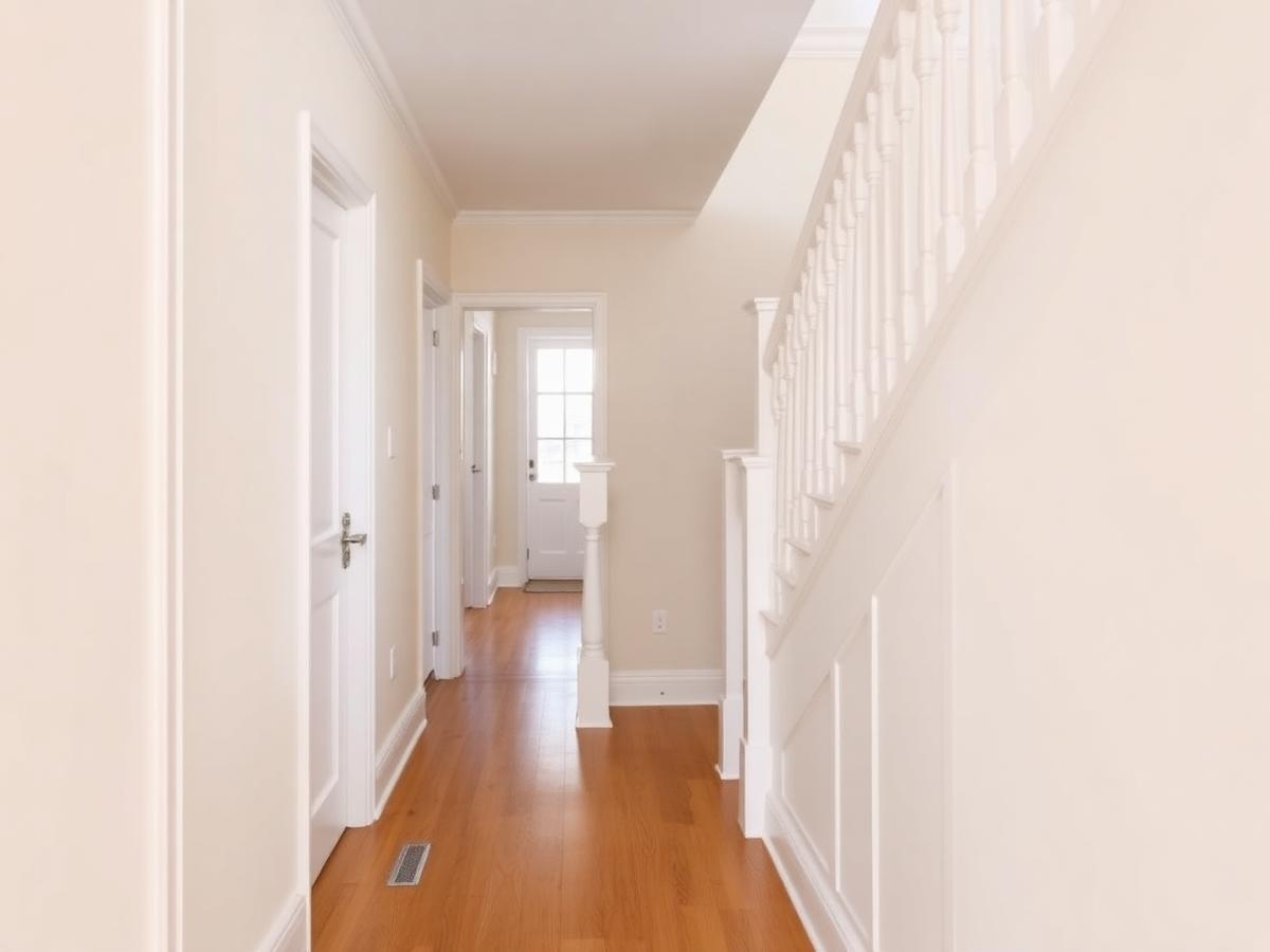 Repainted hallway and stairwell with warm white walls and white trim