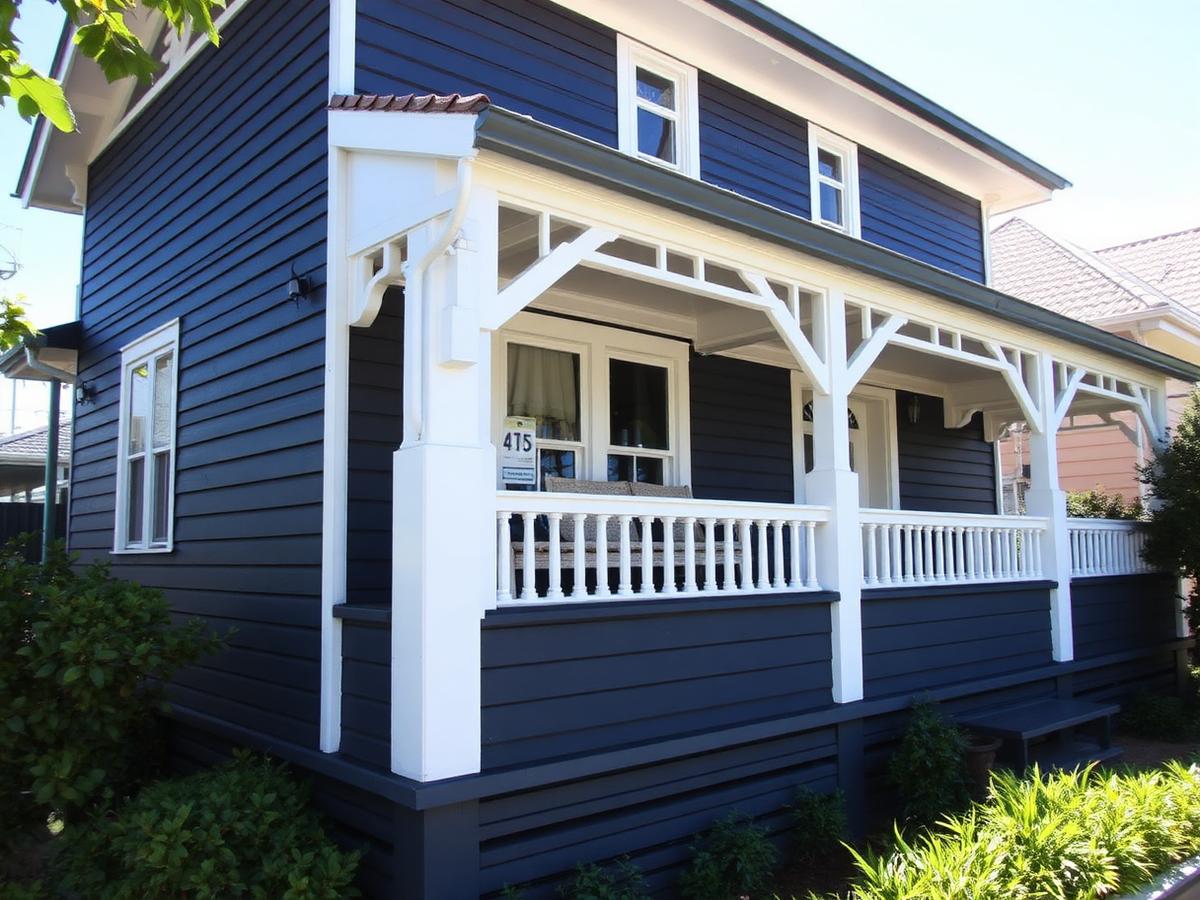Charcoal weatherboard house exterior freshly repainted with white trim