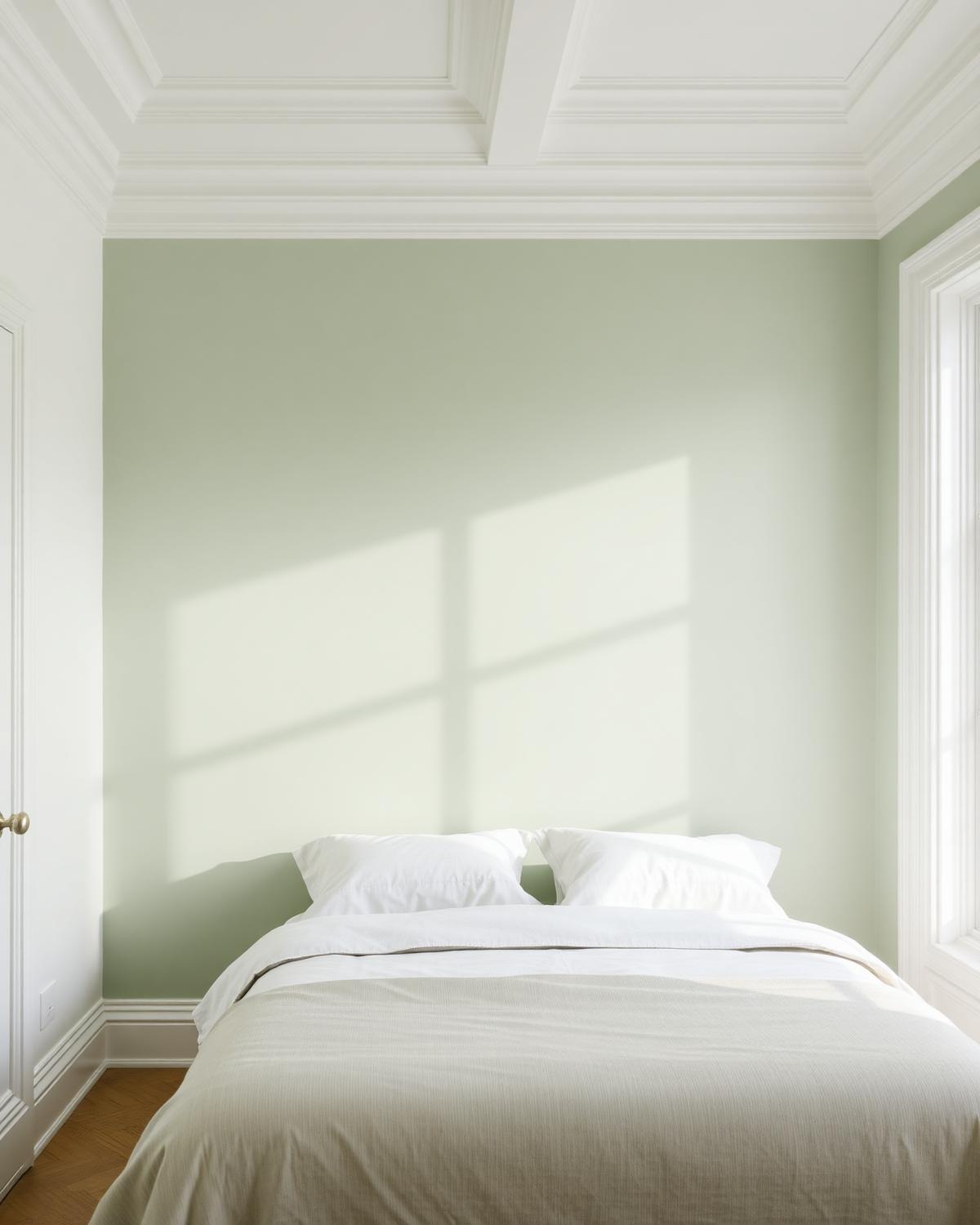 Bedroom with a soft sage green painted feature wall and white ceiling